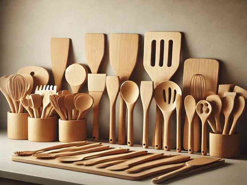 A set of wooden cooking spoons and spatulas arranged neatly on a kitchen counter."