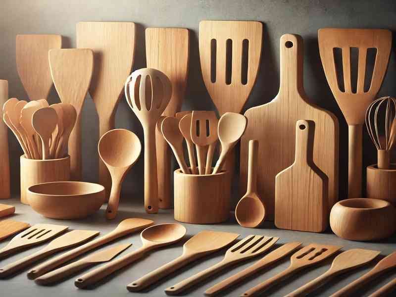 A set of wooden cooking spoons and spatulas arranged neatly on a kitchen counter."