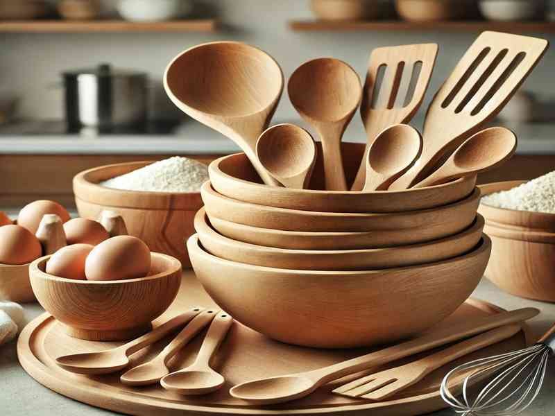 A set of wooden mixing bowls with spoons and spatulas arranged for a baking session. please now this