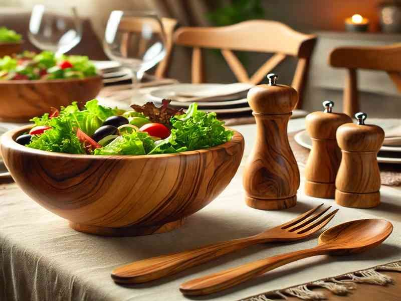 An olive wood salad bowl and serving utensils displayed on a dining table.