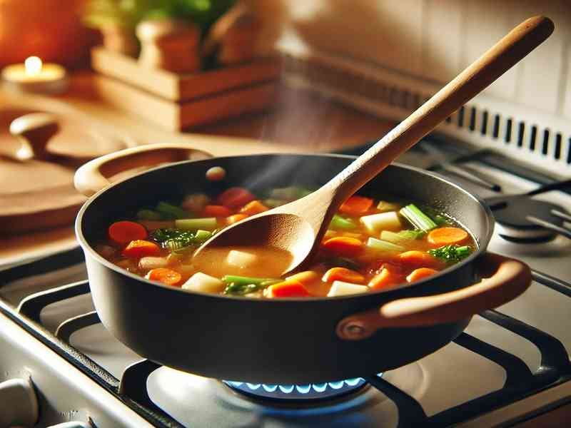 A wooden spoon stirring a pot of soup on the stove.