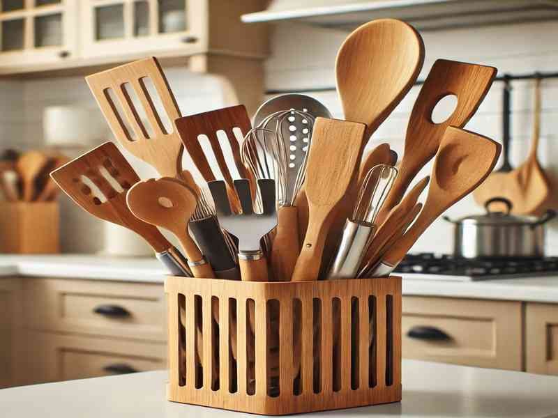 A collection of various kitchen utensils, including wooden spoons and spatulas, arranged in a holder on a kitchen counter.